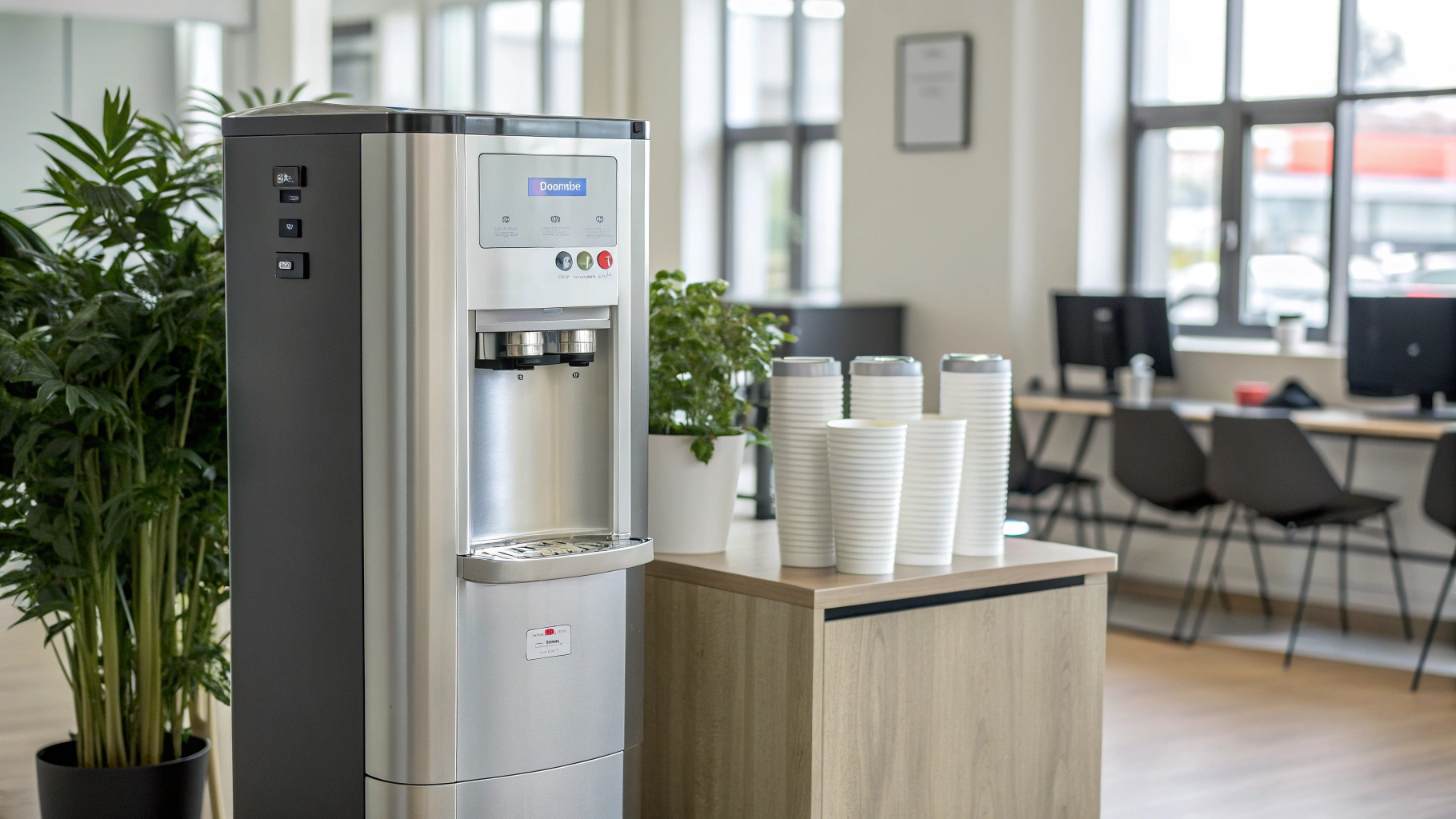 A sleek, floor-standing silver and black water dispenser in a modern office environment. It features a digital display and sits next to a potted plant and a stack of white paper cups on a wooden cabinet.